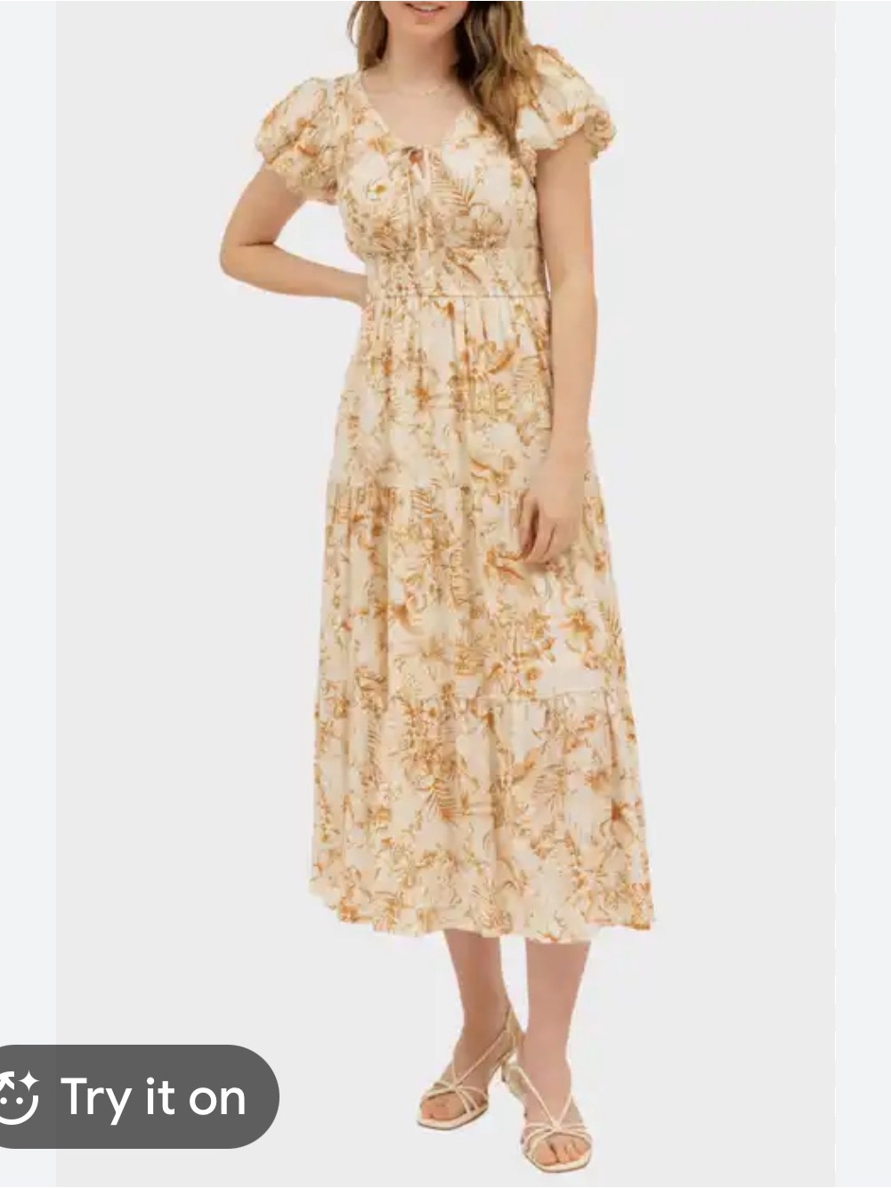 August Sky Floral Puff-Sleeve Midi Dress Cream Gold Toile S Tiered Tie Back New